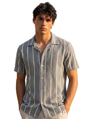 m6 Men's Cotton Half Sleeve Relaxed Fit Linen Striped Shirt