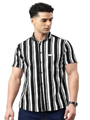 m9 Men Slim Fit Cotton Striped Half Sleeve Casual Shirt